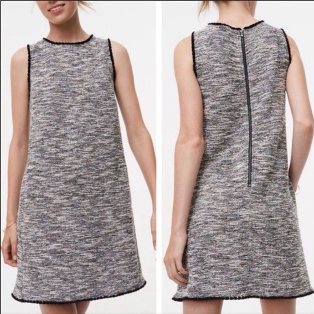 Ann Taylor LOFT Women's XS Sleeveless Tweed Shift Dress Fringe Trim Gray Black